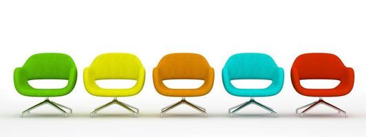 Multi-colored modern armchairs isolated on a white background in 3D rendering