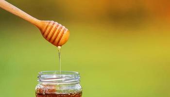 Honey dripping from honey dipper on natural background photo