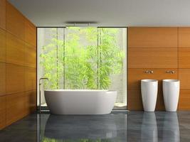 Interior of a bathroom with wooden walls in 3D rendering photo