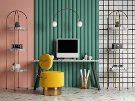 Memphis-style conceptual interior home office in 3D illustration