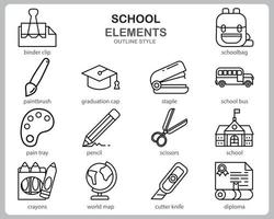 School icon set for website, document, poster design, printing, application. School concept icon outline style. vector