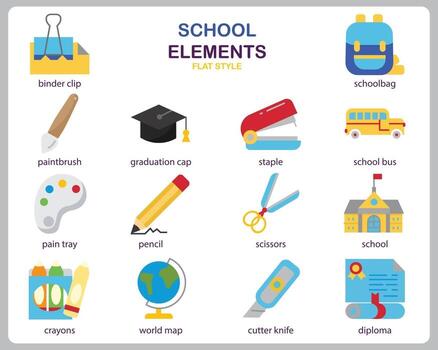 School icon set for website, document, poster design, printing, application. School concept icon flat style. vector