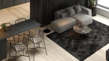 Vista en ángulo de un interior minimalista negro de una casa moderna en representación 3D