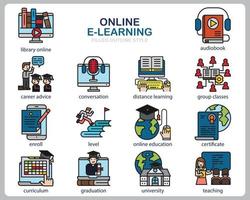 Online Learning icon set for website, document, poster design, printing, application. Online course concept icon filled outline style. vector