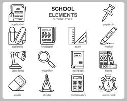 School icon set for website, document, poster design, printing, application. School concept icon outline style. vector