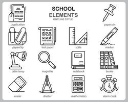 School icon set for website, document, poster design, printing, application. School concept icon outline style. vector