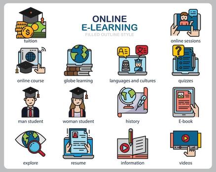 Online Learning icon set for website, document, poster design, printing, application. Online course concept icon filled outline style. vector