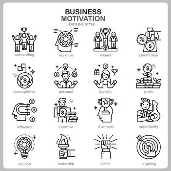 icono de motivación empresarial para sitio web, documento, diseño de carteles, impresión, aplicación. estilo de esquema de icono de concepto de motivación empresarial. vector