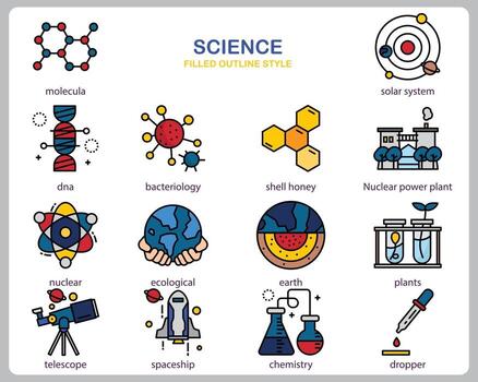 Science icon set for website, document, poster design, printing, application. Science concept icon filled outline style. vector