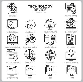 conjunto de iconos de tecnología para sitio web, documento, diseño de carteles, impresión, aplicación. icono de concepto de dispositivo de tecnología estilo de contorno. vector