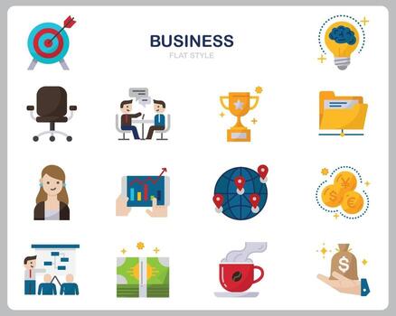 Business icon set for website, document, poster design, printing, application. Business concept icon flat style. vector