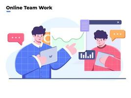 Flat style illustration of team work and business analysis, video conference and online meeting, work from home, virtual business collaboration or team work, team discussing ideas with video call. vector