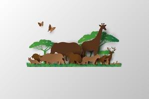 Variety of animals in paper cut style in savanna