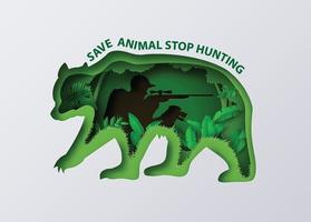 Anti-hunting graphic with paper cut style hunter aiming rifle at animals