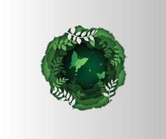 Green butterfly in circle made of lush forest plants vector