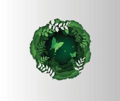 Green butterfly in circle made of lush forest plants vector