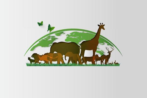 Variety of animals in paper cut style with Earth
