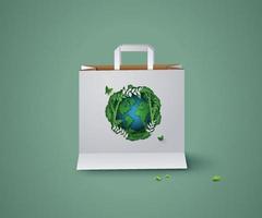 concept of ecology and environment on paper shopping bag, Paper cut style. vector