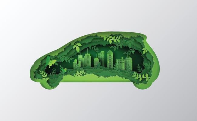 concept of eco car made of jungle. paper art and craft style.
