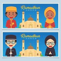 Happy Ramadhan Greeting Card with Character Set vector