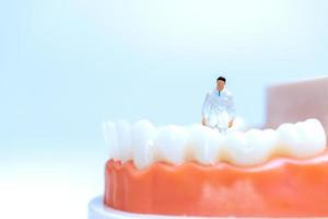 Miniature dentist inside human teeth model with gums photo