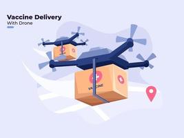 Ilustración plana de la entrega de la vacuna covid-19 con tecnología moderna de drones, distribución de vacunas contra el coronavirus en todo el mundo con drones, distribución de vacunas con distanciamiento físico, mantenerse a salvo. vector