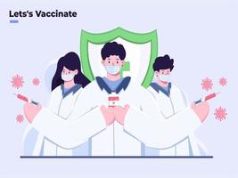 Flat illustration of Covid-19 Coronavirus Vaccine Ready to injection, Doctor bring Covid-19 vaccine, discovered COVID-19 vaccine, vaccine Ready for treatment illustration, End Covid-19 pandemic. vector