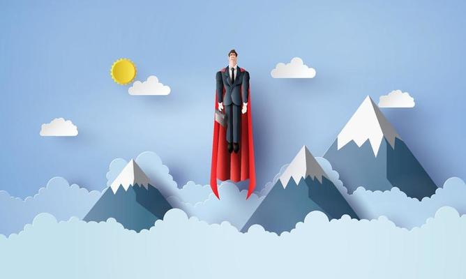 businessman flying in sky like a superhero. paper cut style