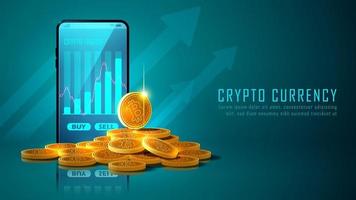 Criptomoneda bitcoin con pila de monedas y smartphone. vector