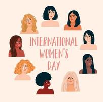día Internacional de la Mujer. ilustración vectorial con mujeres de diferentes nacionalidades y culturas. vector