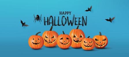 banner de saludo de feliz halloween con calabazas y murciélagos. estilo de corte de papel vector