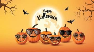 Happy Halloween greeting banner with pumpkins and bats