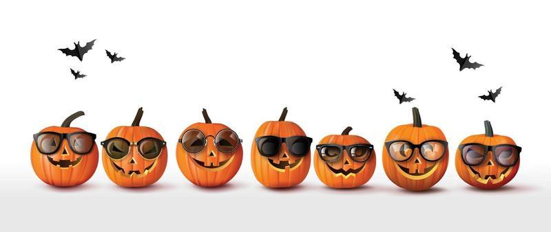 Set of realistic Halloween orange pumpkins in sunglasses