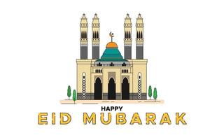 edificio de la mezquita con la ilustración de vector de texto de saludo eid mubarak