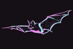 Linear neon art with a flying animal. Abstract linear drawing of a glowing night creature. Pink and blue bat. vector