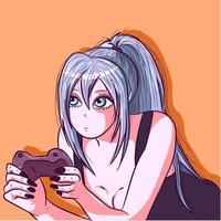 Anime girl with long blue hair playing games on a console. Manga doll holding a gamepad. Cartoon character of a modern woman playing and streaming online. vector