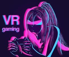 Pink and blue illustration of a gamer girl playing on a console. Neon vector of virtual reality and futuristic robot with glasses. Artificial Intelligence conceptual art.