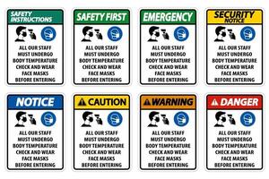 Staff Must Undergo Temperature Check Sign set vector