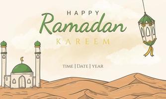 Feliz Ramadán Kareem con adornos de ilustración islámica dibujados a mano vector