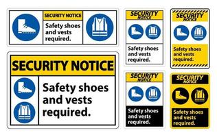 Señal de aviso de seguridad Se requieren zapatos y chaleco de seguridad con conjunto de letreros de símbolos de ppe