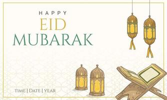 dibujado a mano feliz eid mubarak hermoso fondo con adornos islámicos. vector