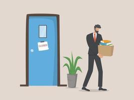 Unhappy fired man leave the office with things in boxes, Layoff concept. Unemployment, Crisis, jobless. vector