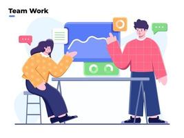 Flat illustration Business Team  discussion, team discussing ideas, Presentation and discussion of the project, Business marketing with data analytic discussion, people talking conference meeting room vector