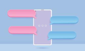 3D smartphone with floating chat bubbles, social media chat app vector