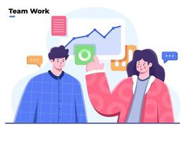 Ilustración plana del equipo de negocios trabajando juntos para encontrar soluciones y discusión, colaboración de trabajo, personas discuten ideas de marketing con análisis de datos, discutiendo informes financieros comerciales. vector