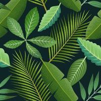 Tropical seamless pattern with green palm leaves on dark background. vector