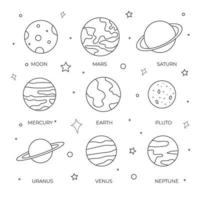 Conjunto de planetas dibujados a mano y luna para colorear página o libro para niños vector