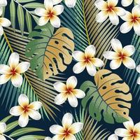 Seamless pattern with tropical flowers and leaves exotic background. vector