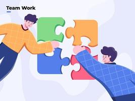 Teamwork and team building flat style vector illustration. Team metaphor. People connecting puzzle. Business person assembling jigsaw puzzle. Solve business problem together. Working Together.