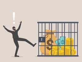 sack of money with dollar sign desired by thief being trapped inside a locked cage vector